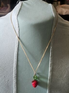 Gold Tone Chain Necklace with Blown Glass Red Strawberry Pendant